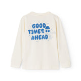 Langærmet bluse i creme med stort blåt “Good Times Ahead” print på ryggen.