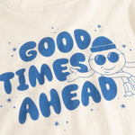 Langærmet bluse i creme med stort blåt “Good Times Ahead” print.