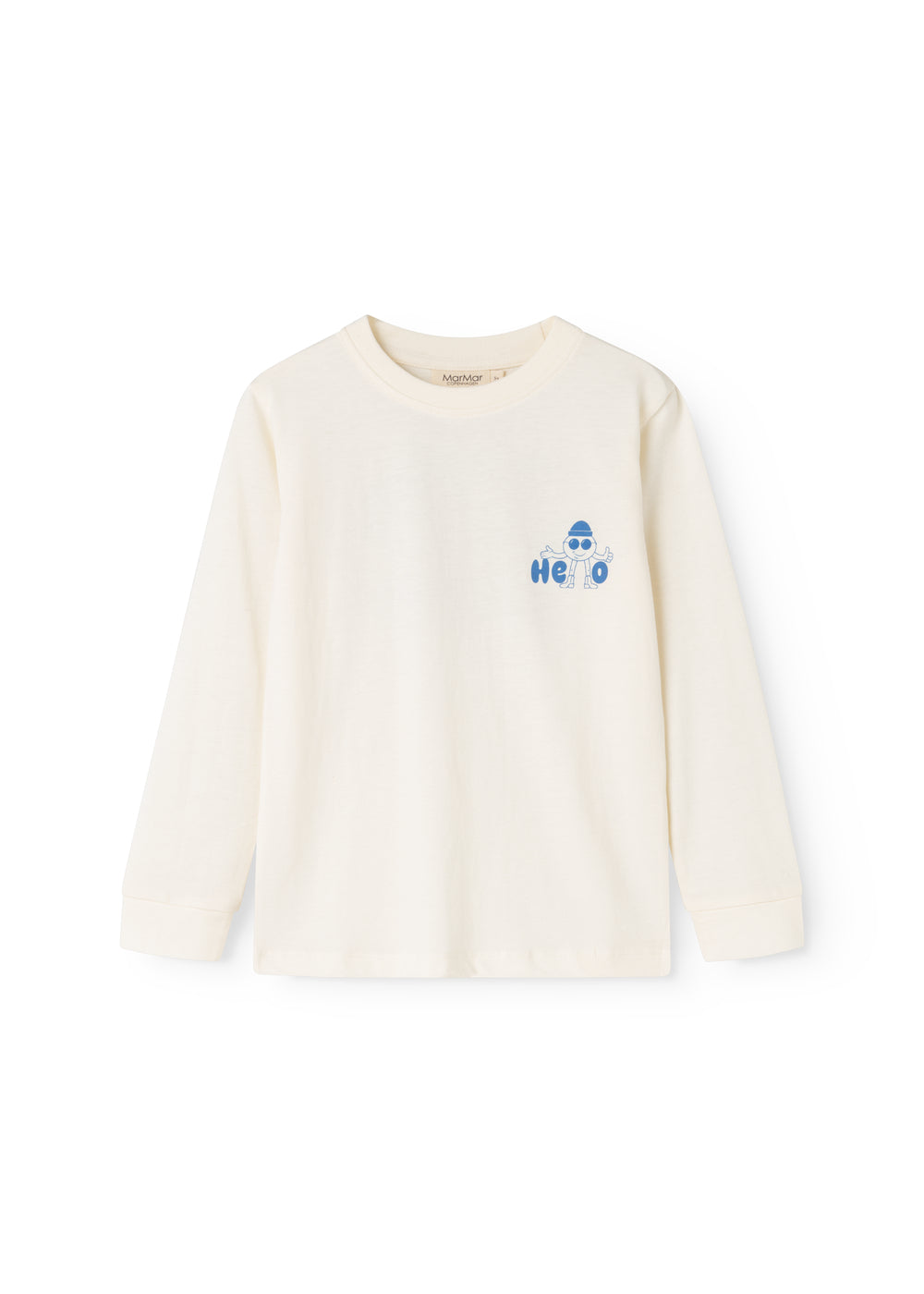 Langærmet bluse i creme med blåt “Hello” print på brystet.