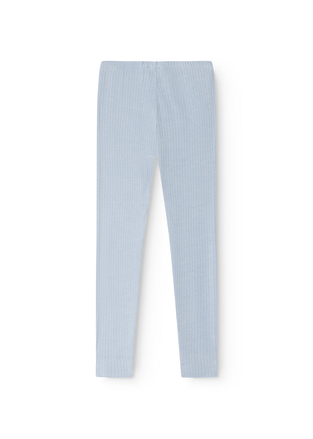 Lyseblå lange leggings med glat forside og lige ben, set bagfra.