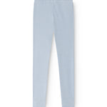 Lyseblå lange leggings med glat forside og lige ben, set bagfra.