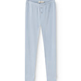 Lyseblå lange leggings med knaplukning i skridt og smal pasform.