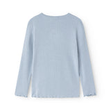 Lyseblå langærmet t-shirt med ribbet struktur og rund hals, set bagfra