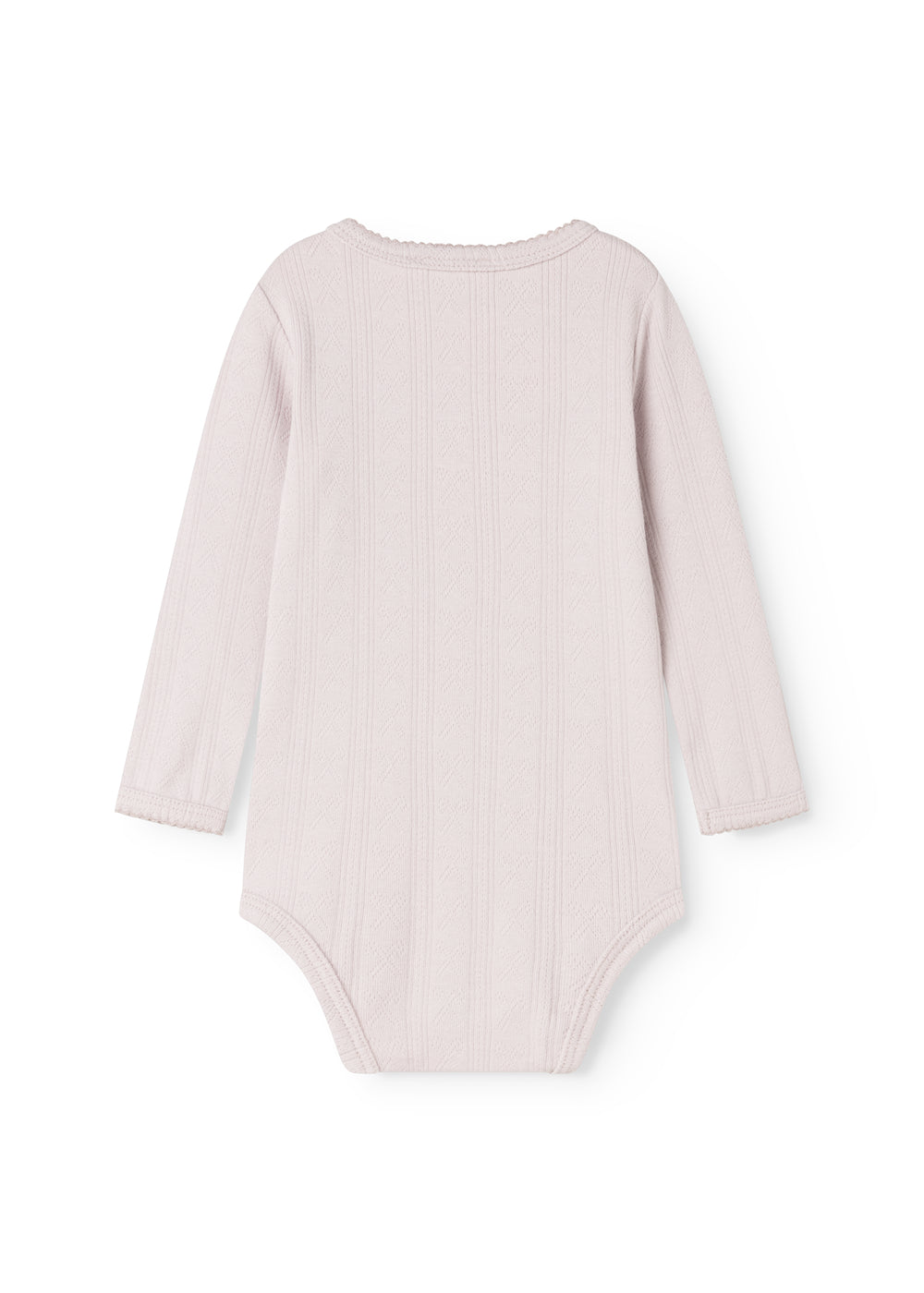 Langærmet babybody i lys lilla med rund hals og ensfarvet ryg