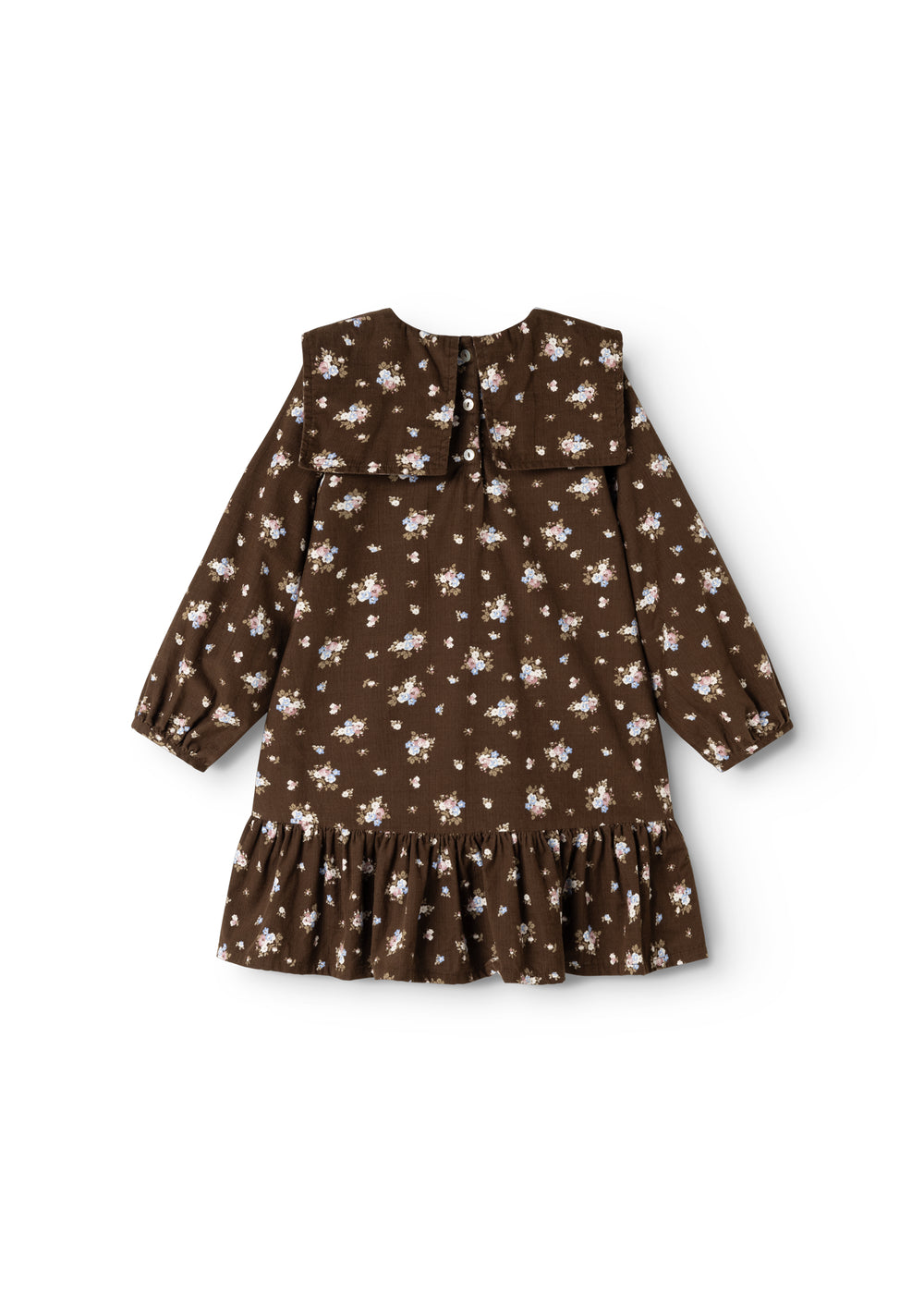 Brun kjole med rund hals og blomsterprint samt voluminøs nederdel