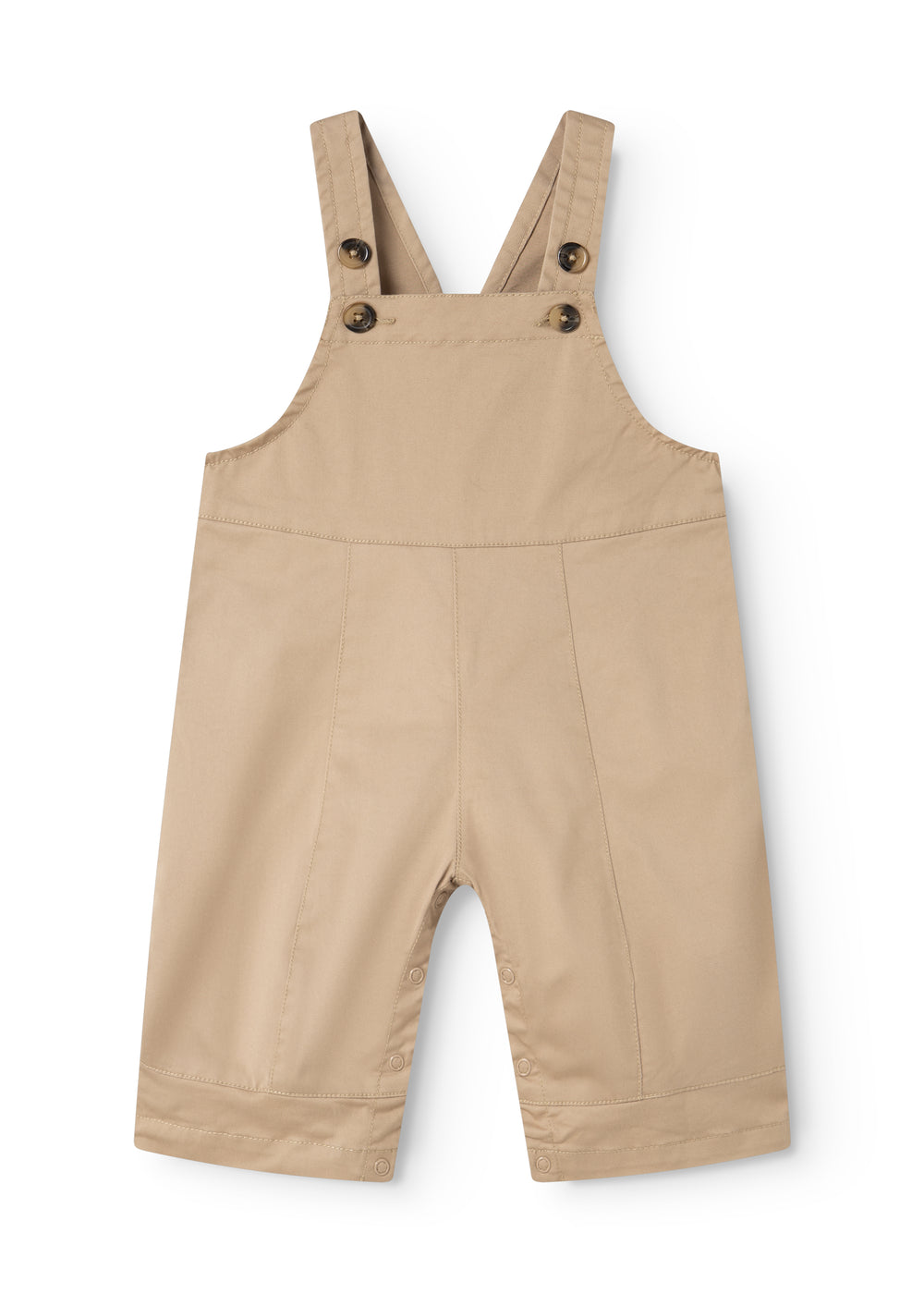 Beige selebukser til baby med justerbare seler og knaplukning foran.