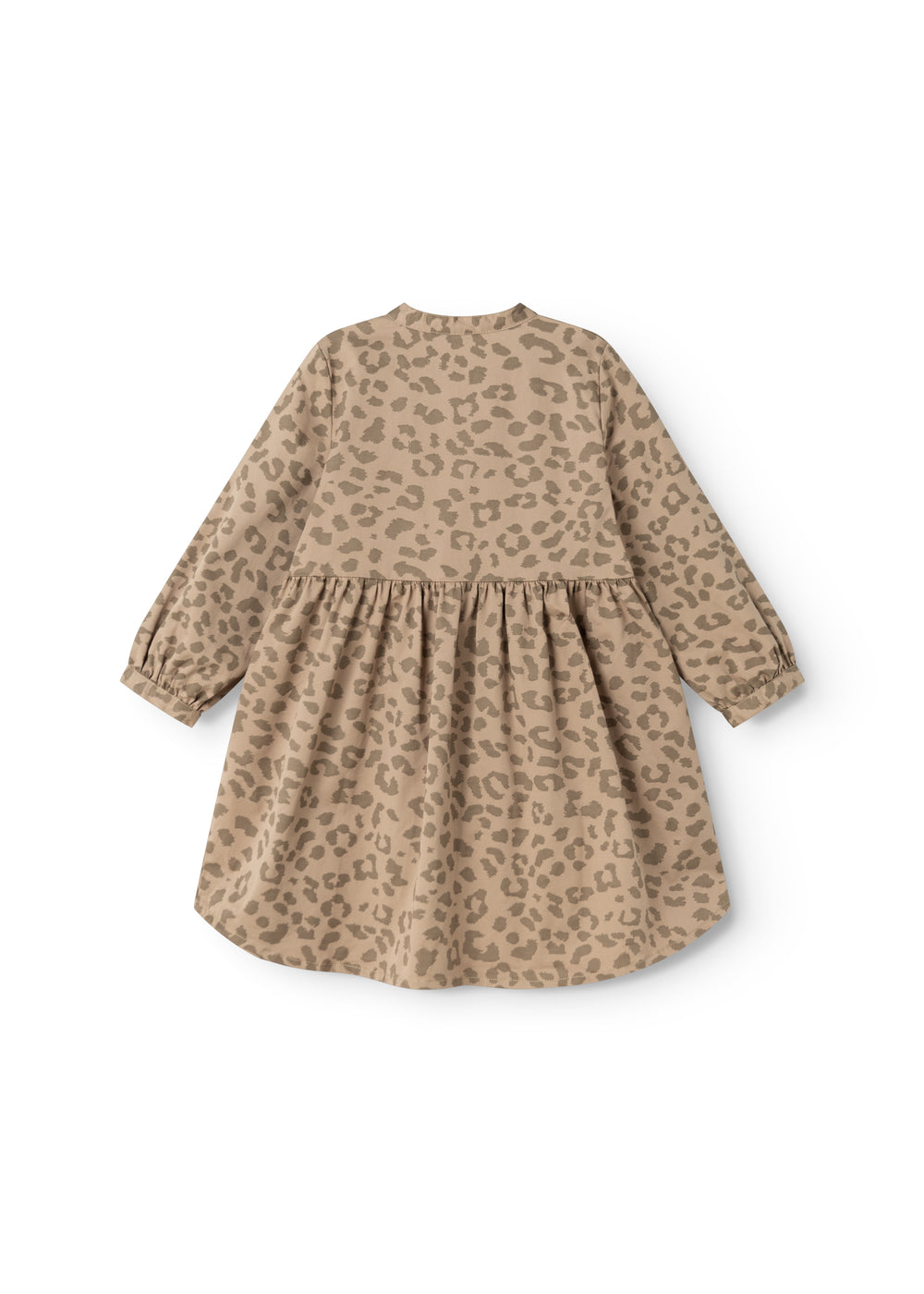 Sandfarvet børnekjole med leopardprint og rynket talje, langærmet og A-formet