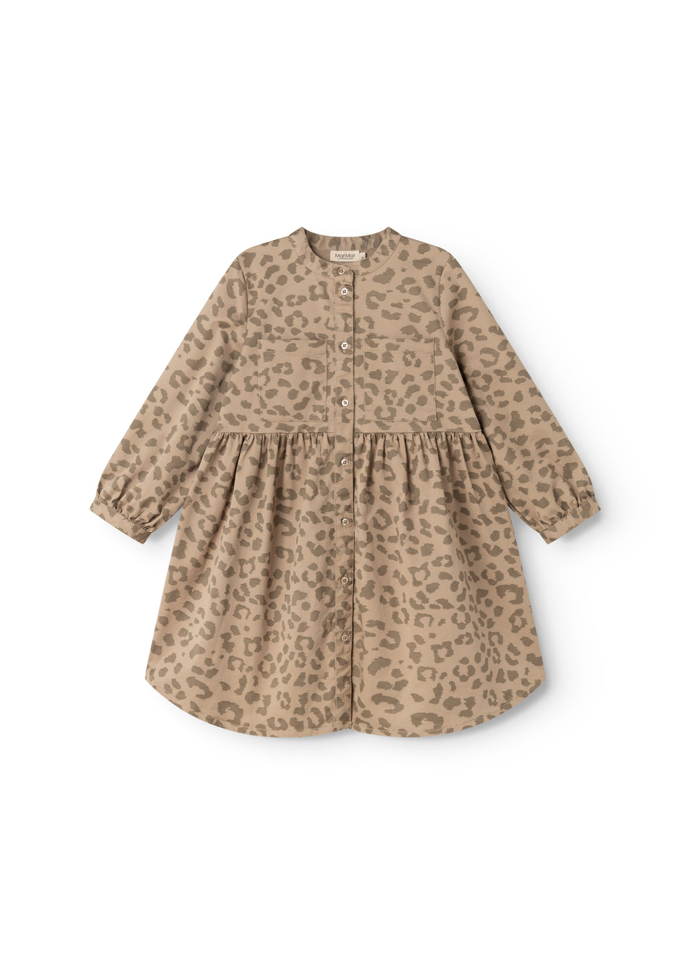 Sandfarvet børnekjole med leopardprint, knaplukning foran og vidde i skørt