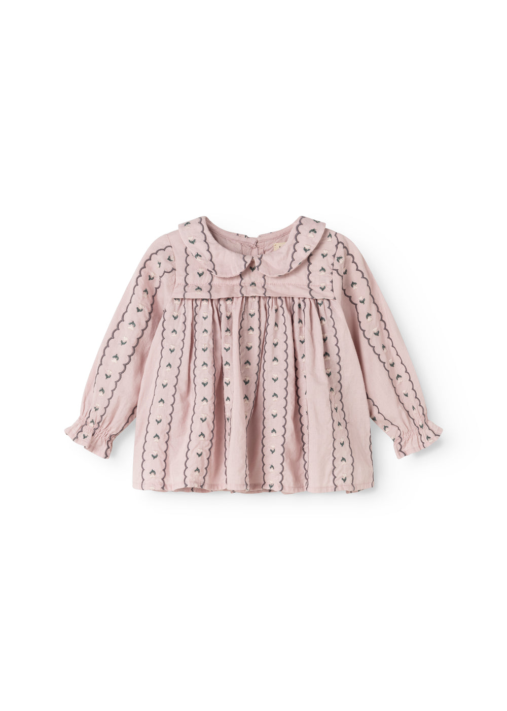 Lyserød babybluse med knaplukning, rynkede detaljer og lange ærmer