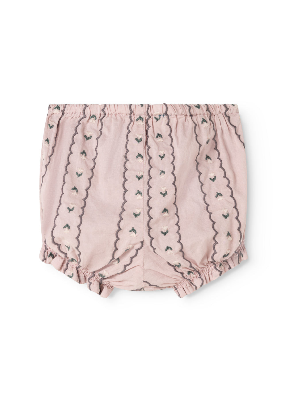 Støvede lilla bloomers med lodrette mønsterstriber og rynket pasform.