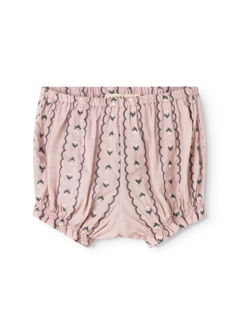 Støvede lilla baby bloomers med elastisk linning og lodrette mønsterstriber.