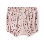 Støvede lilla baby bloomers med elastisk linning og lodrette mønsterstriber.