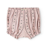 Støvede lilla baby bloomers med elastisk linning og lodrette mønsterstriber.