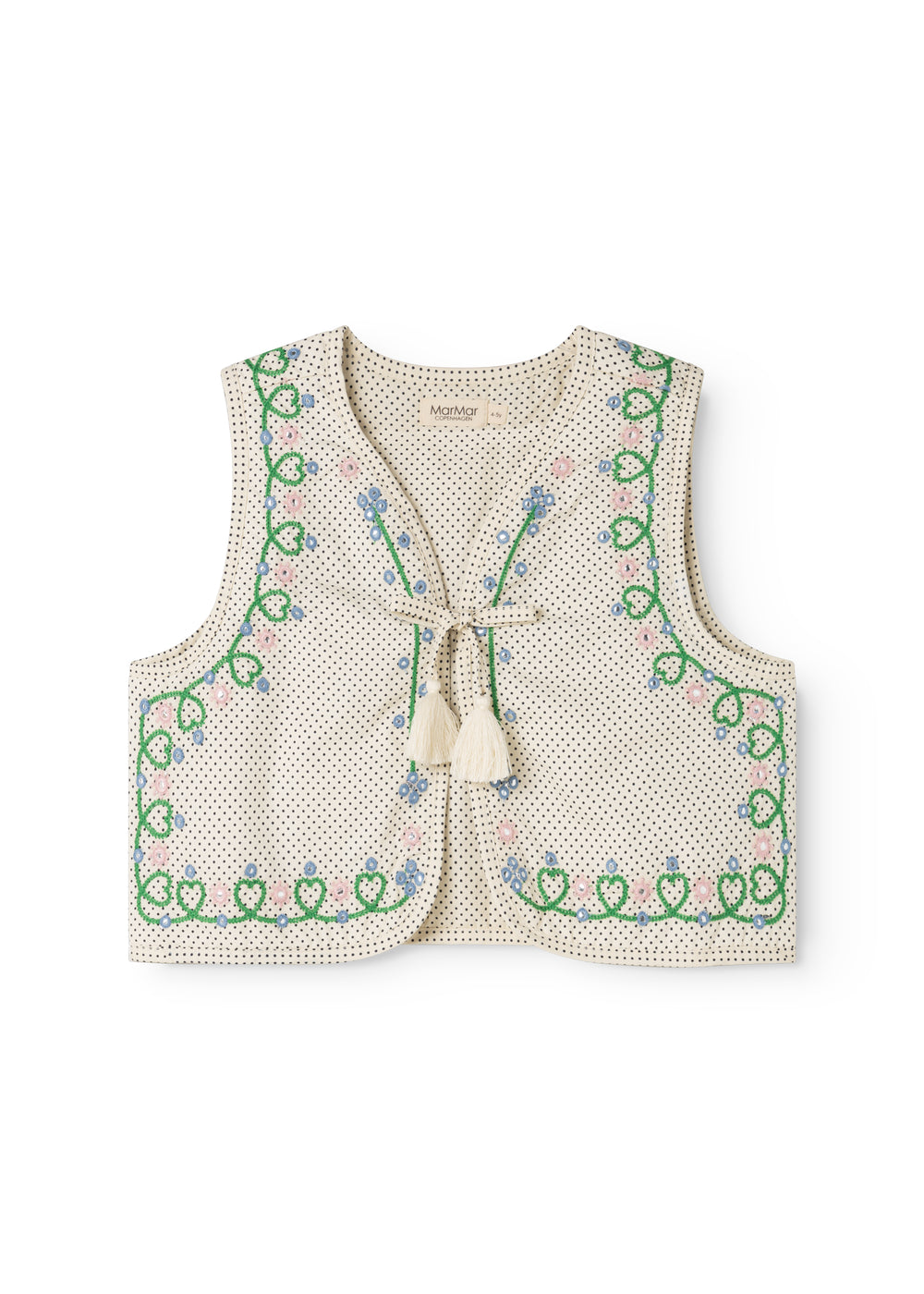 Cremefarvet børnevest med grøn broderi, blå og lyserøde blomster samt sløjfe i midten