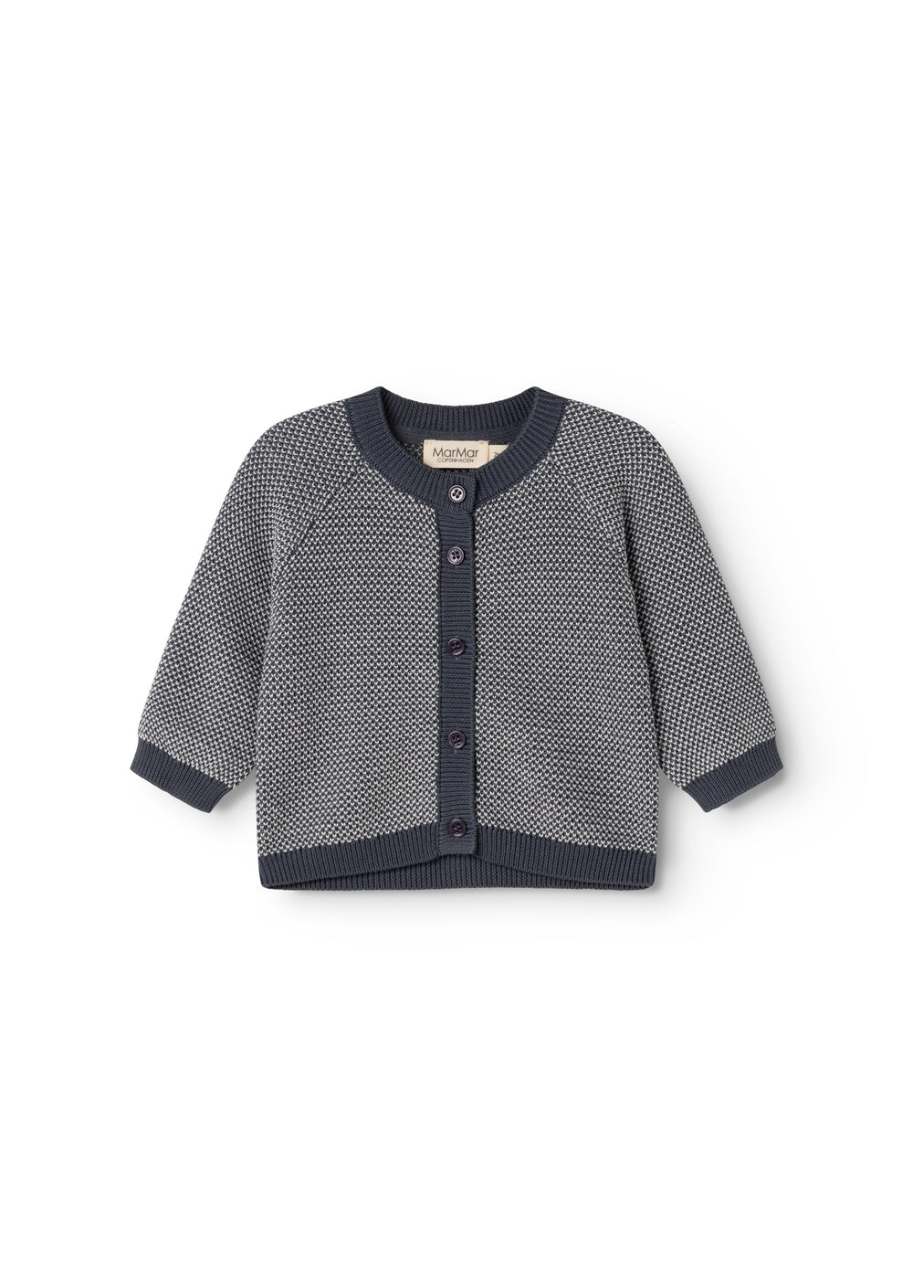 Strikket cardigan med knapper, mørkeblå ribkanter og korte ærmer