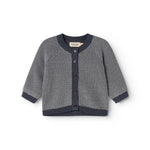 Strikket cardigan med knapper, mørkeblå ribkanter og korte ærmer