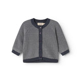 Strikket cardigan med knapper, mørkeblå ribkanter og korte ærmer