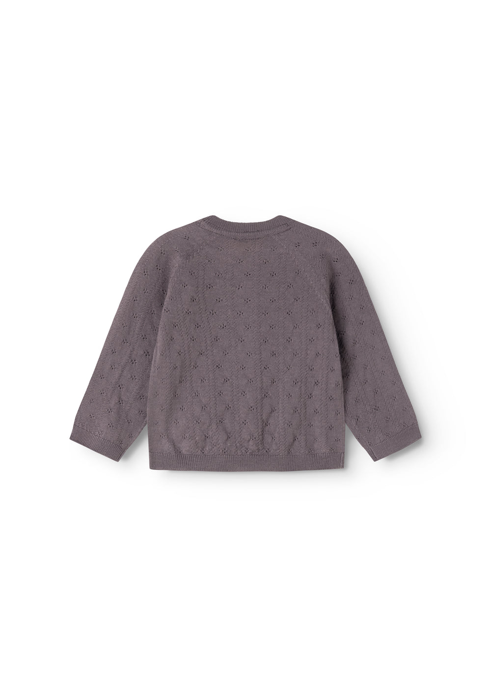 Mørk lilla strikket cardigan set bagfra med rund halsudskæring