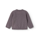 Mørk lilla strikket cardigan set bagfra med rund halsudskæring
