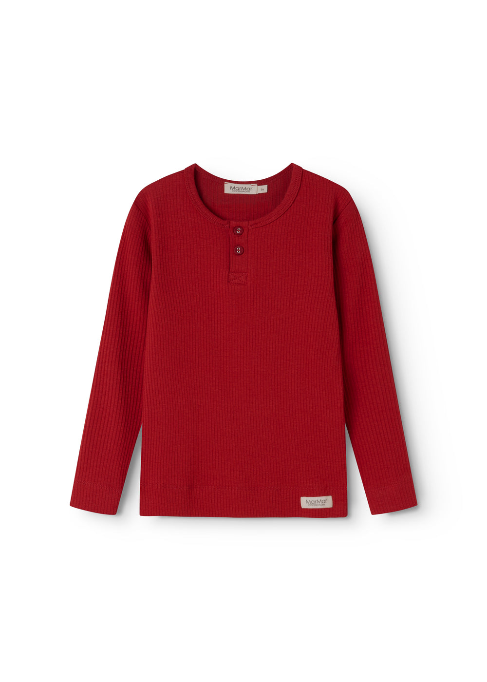 Rød langærmet T-shirt med tre knapper ved halsen