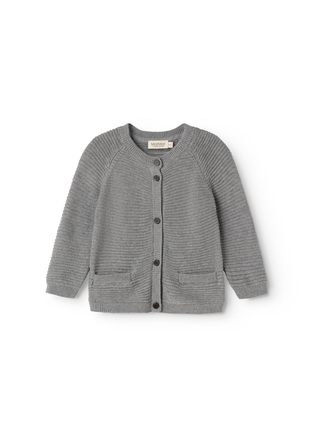 Grå babycardigan i strik med knaplukning og to lommer