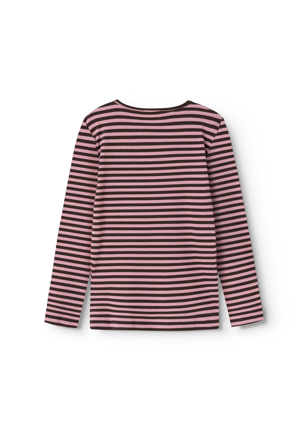 Stribet langærmet T-shirt i lyserød og mørk, rund hals og lige pasform