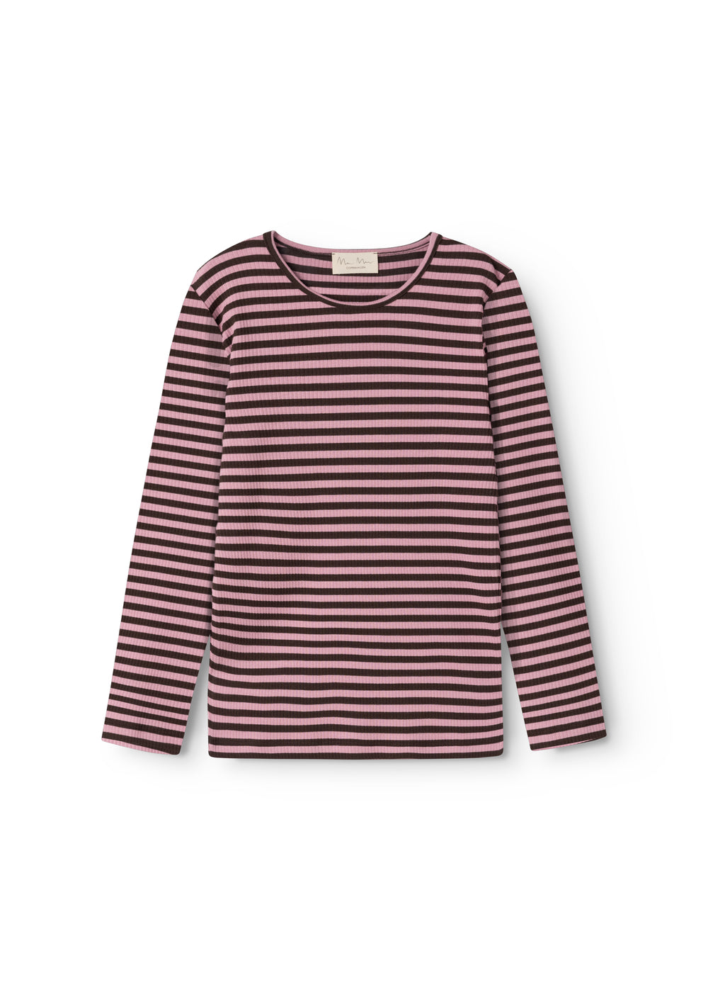 Stribet langærmet T-shirt i lyserød og mørk, rund hals og ribkant