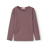 Stribet langærmet T-shirt i lyserød og mørk, rund hals og ribkant