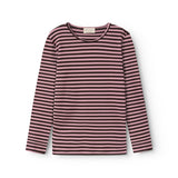 Stribet langærmet T-shirt i lyserød og mørk, rund hals og ribkant