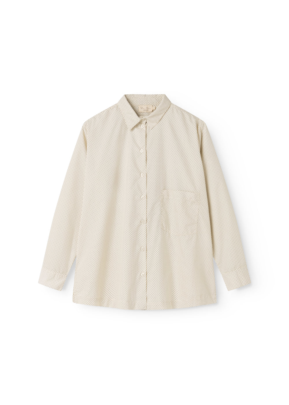 Off-white skjorte med små sorte prikker, knaplukning og lange ærmer